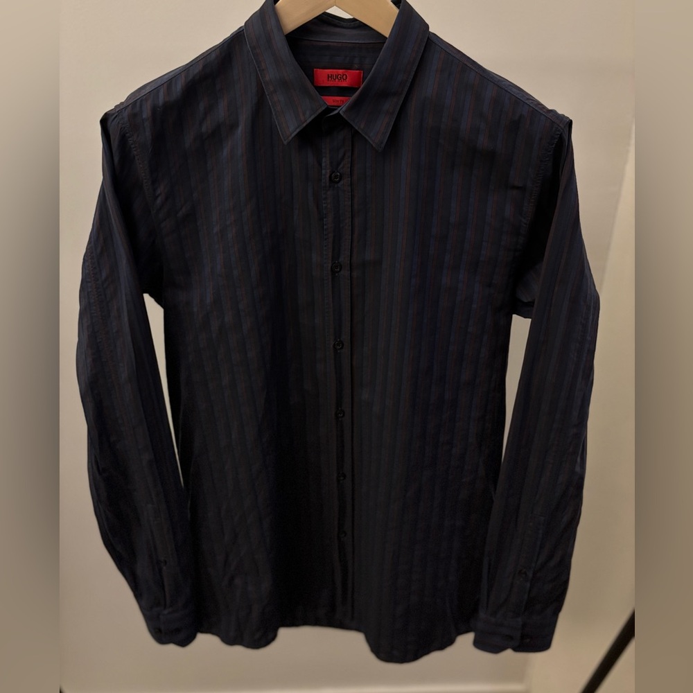 HUGO Hugo Boss Collared Casual Long Sleeve Shirt Striped Lt/Dk Blue/Maroon L